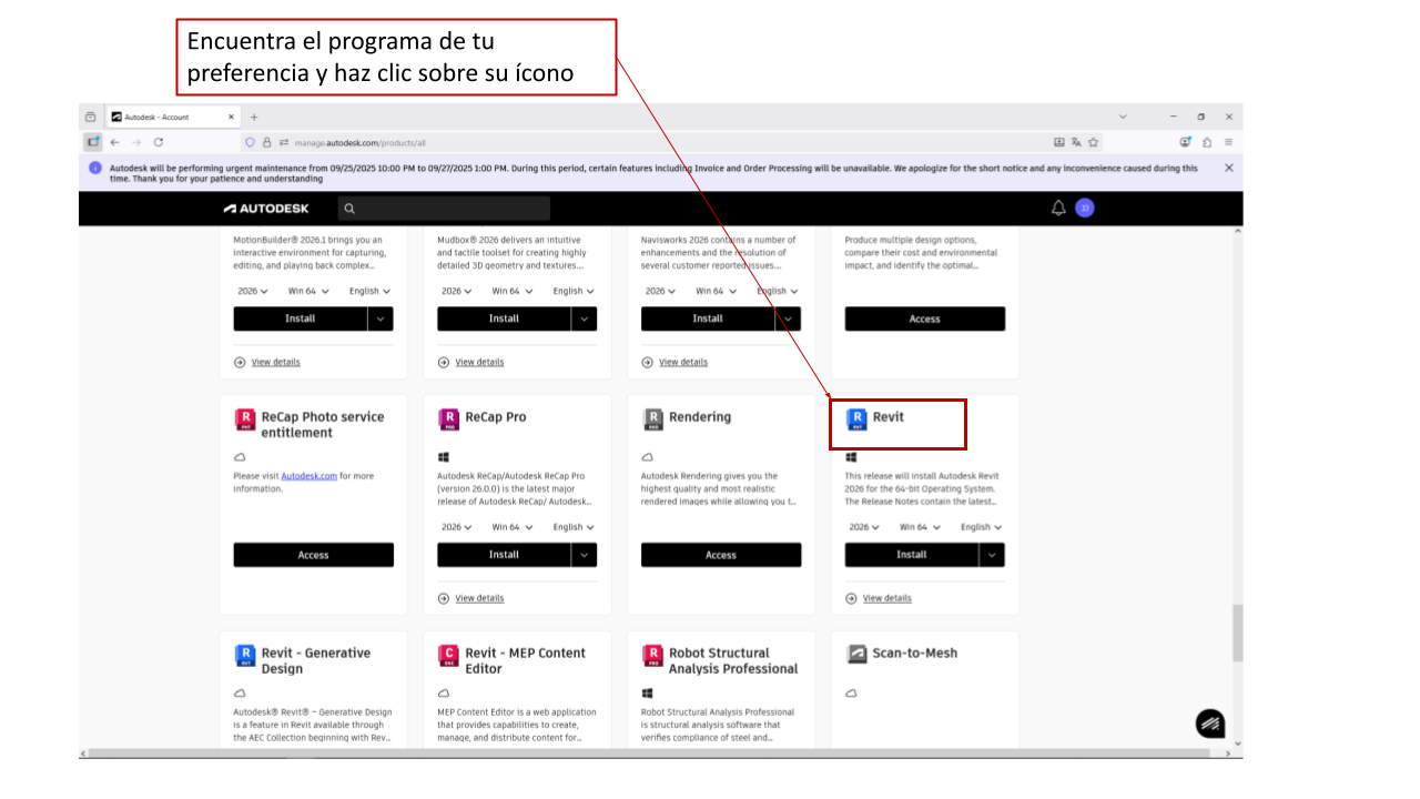Selecciona Revit en la lista de productos